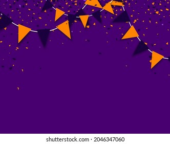 Holiday flags garland and colorful confetti. Purple background. Vector illustration.