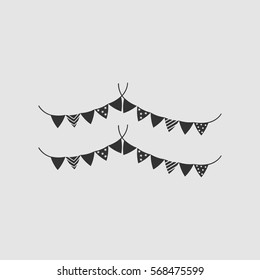 Holiday flags garlands icon flat. Black pictogram on grey background. Vector illustration symbol