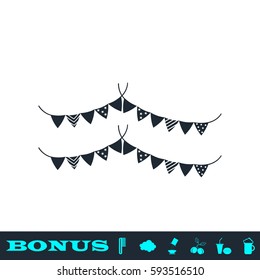 Holiday flags garlands icon flat. Black pictogram on white background. Vector illustration symbol and bonus button