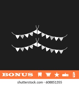 Holiday flags garlands icon flat. White pictogram on black background. Vector illustration symbol and bonus button tooth, vase, star, mirror, bottle