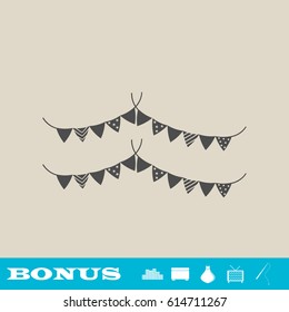 Holiday flags garlands icon flat. Grey pictogram on light background. Vector illustration symbol and bonus button real estate, ottoman, vase, tv, fishing rod