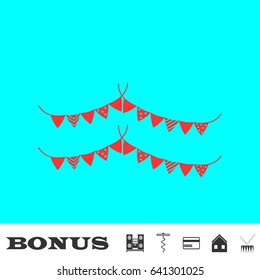 Holiday flags garlands icon flat. Red pictogram on blue background. Vector illustration symbol and bonus buttons Music center, corkscrew, credit card, house, drum