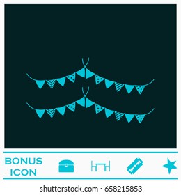 Holiday flags garlands icon flat. Blue pictogram on dark background. Vector illustration symbol and bonus icons