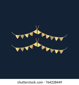 Holiday flags garlands icon flat. Simple gold pictogram on dark background. Vector illustration symbol