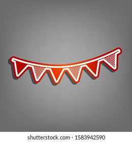 Holiday flags garlands sign. Flat red icon with linear white icon with gray shadow at grayish background. Illustration.