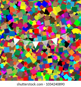 Holiday flags garlands sign. Vector. White icon on colorful background with seamless pattern from squares.