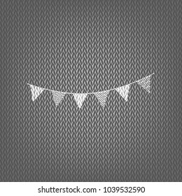 Holiday flags garlands sign. Vector. White knitted icon on gray knitted background. Isolated.