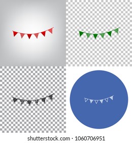 Holiday flags garlands sign. Vector. 4 styles. Red gradient in radial lighted background, green flat and gray scribble icons on transparent and linear one in blue circle.