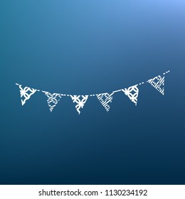 Holiday flags garlands sign. Vector. White textured icon at lapis lazuli gradient background.