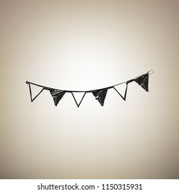 Holiday flags garlands sign. Vector. Brush drawed black icon at light brown background.