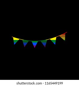 Holiday flags garlands sign. Vector. Icon with colors of LGBT flag at black background.