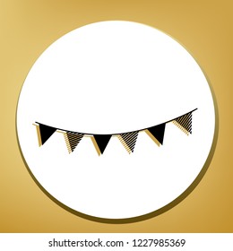 Holiday flags garlands sign. Vector. Black icon with light brown shadow in white circle with shaped ring at golden background.