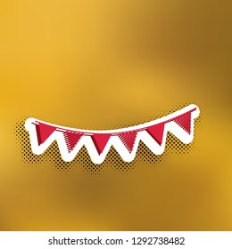 Holiday flags garlands sign. Vector. Magenta icon with darker shadow, white sticker and black popart shadow on golden background.
