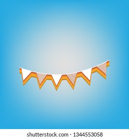 Holiday flags garlands sign. Vector. White icon with 3d warm-colored gradient body at sky blue background.