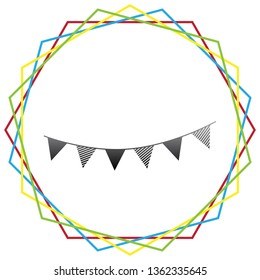 Holiday flags garlands sign. Vector. Black icon with patch of light inside colorful hexagonal frames at white background.