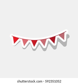 Holiday flags garlands sign. Vector. New year reddish icon with outside stroke and gray shadow on light gray background.