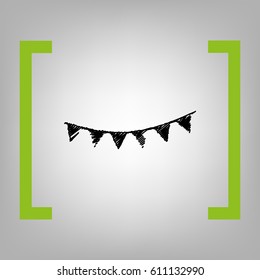 Holiday flags garlands sign. Vector. Black scribble icon in citron brackets on grayish background.
