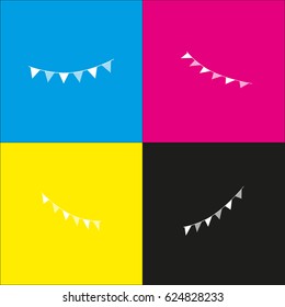 Holiday flags garlands sign. Vector. White icon with isometric projections on cyan, magenta, yellow and black backgrounds.