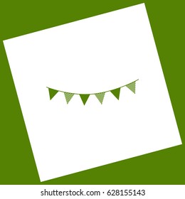 Holiday flags garlands sign. Vector. White icon obtained as a result of subtraction rotated square and path. Avocado background.