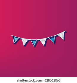 Holiday flags garlands sign. Vector. Blue 3d printed icon on magenta background.