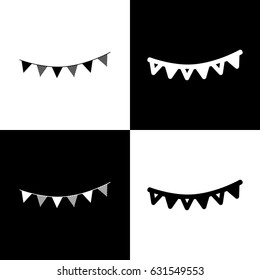 Holiday flags garlands sign. Vector. Black and white icons and line icon on chess board.