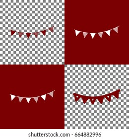 Holiday flags garlands sign. Vector. Bordo and white icons and line icons on chess board with transparent background.