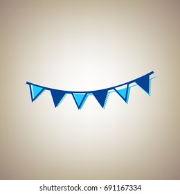 Holiday flags garlands sign. Vector. Sky blue icon with defected blue contour on beige background.