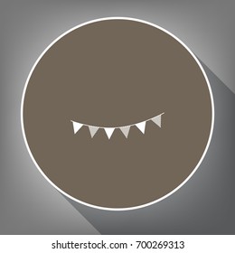 Holiday flags garlands sign. Vector. White icon on brown circle with white contour and long shadow at gray background. Like top view on postament.