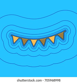 Holiday flags garlands sign. Vector. Sand color icon with black contour and equidistant blue contours like field at sky blue background. Like waves on map - island in ocean or sea.