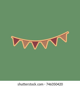 Holiday flags garlands sign. Vector. Cordovan icon and mellow apricot halo with light khaki filled space at russian green background.