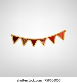 Holiday flags garlands sign. Vector. Red icon on gold sticker at light gray background.