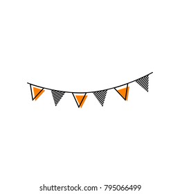 Holiday flags garlands sign. Vector. Black line icon with shifted flat orange filled icon on white background. Isolated.