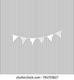 Holiday flags garlands sign. Vector. White icon on grayish striped background. Optical illusion.