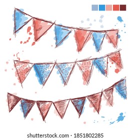 Holiday flags sketch with multi-colored paint strokes. hand drawing in pencil. vector illustration.