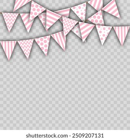 holiday flags, vector illustration of several streamers with triangular flags en soft pink tones. isolated. design element for cards, greetings, a holiday for a girl