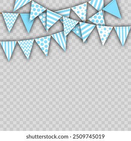 holiday flags, vector illustration of several streamers with triangular flags en blue tones. isolated. design element for cards, greetings, a holiday for a boy