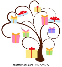 Holiday flat design tree with colorful gift boxes isolated on white. Big sale discount concept vector illustration.