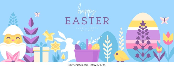 Holiday flat Easter poster or banner with rabbit, Easter eggs, willow branch, chicken and flowers. Vector illustration