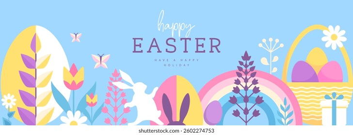 Holiday flat Easter poster or banner with rabbit, Easter eggs, willow branch and flowers. Vector illustration