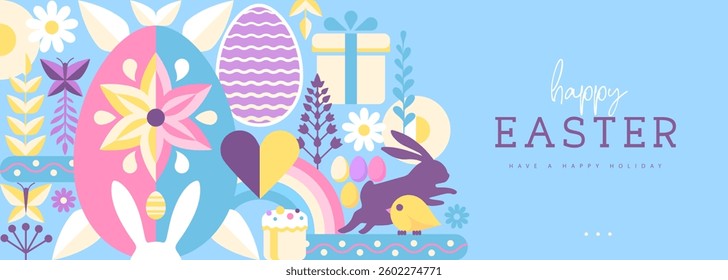 Holiday flat Easter poster or banner with rabbit, Easter eggs, willow branch and flowers. Vector illustration