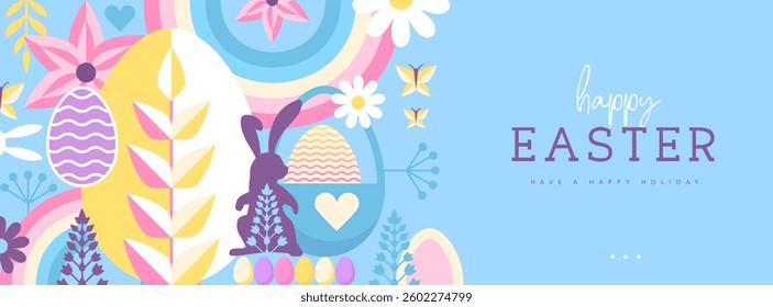 Holiday flat Easter poster or banner with rabbit, Easter eggs, willow branch and flowers. Vector illustration