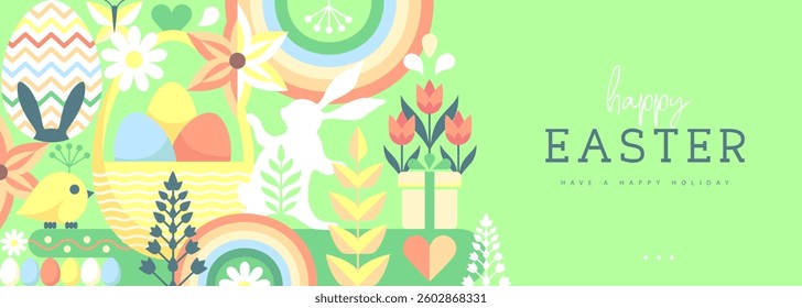Holiday flat Easter poster or banner with rabbit, Easter eggs, willow branch and flowers. Vector illustration