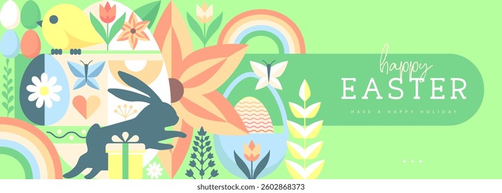 Holiday flat Easter poster or banner with rabbit, Easter eggs, willow branch and flowers. Vector illustration