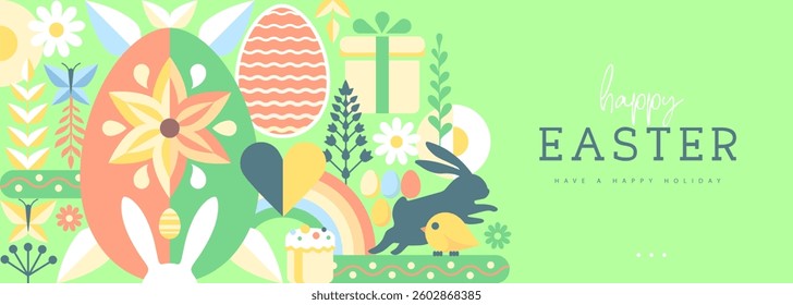 Holiday flat Easter poster or banner with rabbit, Easter eggs, willow branch and flowers. Vector illustration