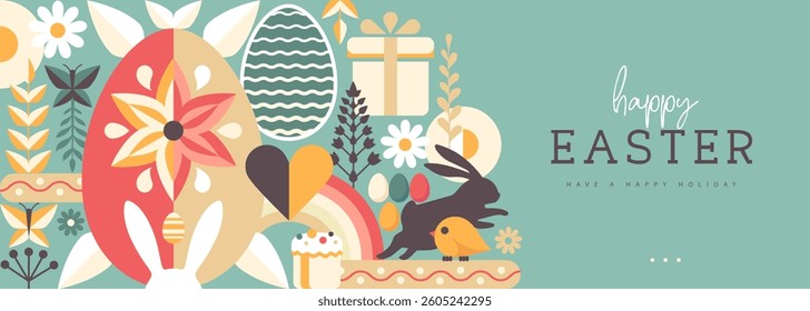 Holiday flat Easter poster or banner with rabbit, Easter eggs, willow branch and flowers. Vector illustration