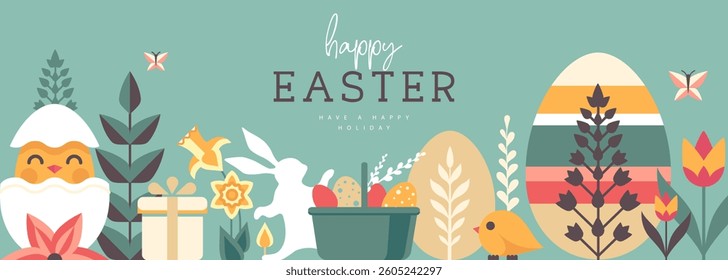 Holiday flat Easter poster or banner with rabbit, Easter eggs, willow branch, chicken and flowers. Vector illustration