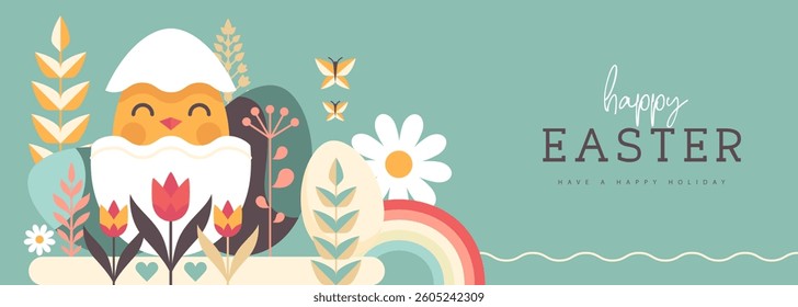 Holiday flat Easter poster or banner with Easter eggs, rainbow, chicken and flowers. Vector illustration