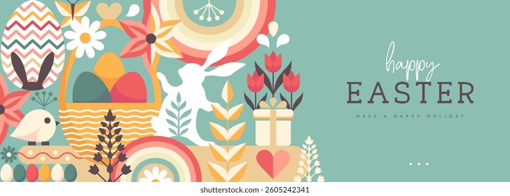 Holiday flat Easter poster or banner with rabbit, Easter eggs, willow branch and flowers. Vector illustration