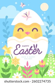 Holiday flat Easter poster with open Easter egg and chicken, willow branch, butterfly and flowers. Vector illustration