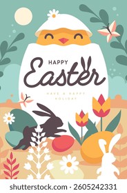 Holiday flat Easter poster with open Easter egg and chicken, willow branch, raibbits and flowers. Vector illustration